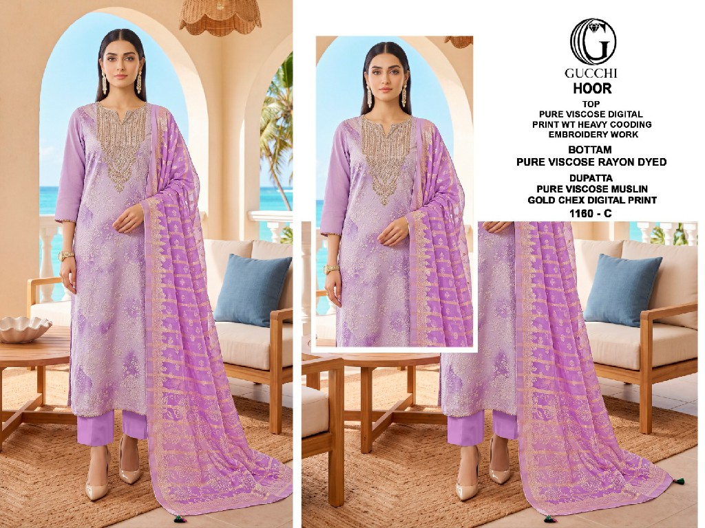 GUCCHI HOOR D.NO 1160 WHOLESALE VISCOSE HEAVY WORK CLASSIC UNSTITCH SALWAR SUITS FOR EXPORT