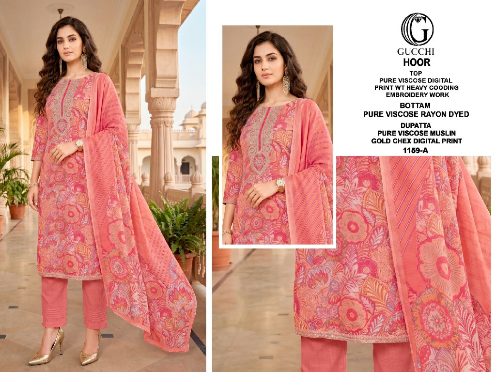GUCCHI HOOR D.NO 1159 WHOLESALE VISCOSE HEAVY WORK AMAZING UNSTITCH SALWAR SUITS ONLINE
