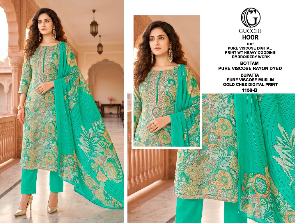 GUCCHI HOOR D.NO 1159 WHOLESALE VISCOSE HEAVY WORK AMAZING UNSTITCH SALWAR SUITS ONLINE