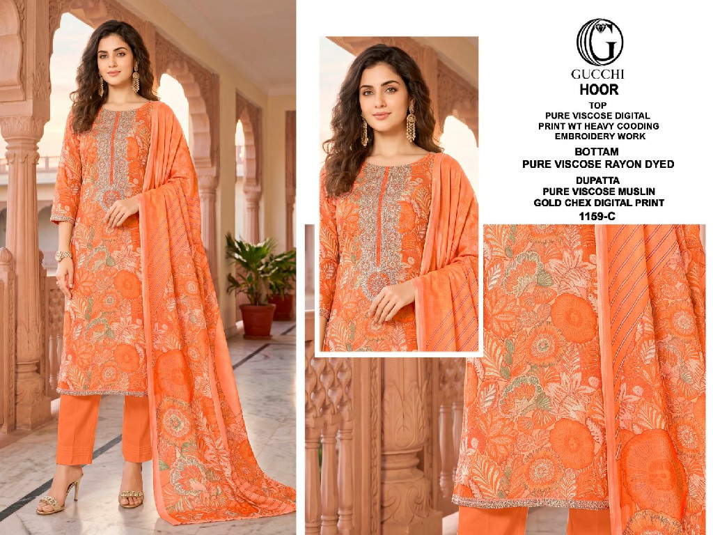 GUCCHI HOOR D.NO 1159 WHOLESALE VISCOSE HEAVY WORK AMAZING UNSTITCH SALWAR SUITS ONLINE