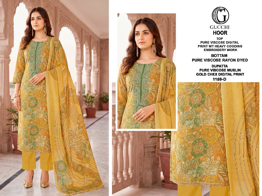 GUCCHI HOOR D.NO 1159 WHOLESALE VISCOSE HEAVY WORK AMAZING UNSTITCH SALWAR SUITS ONLINE