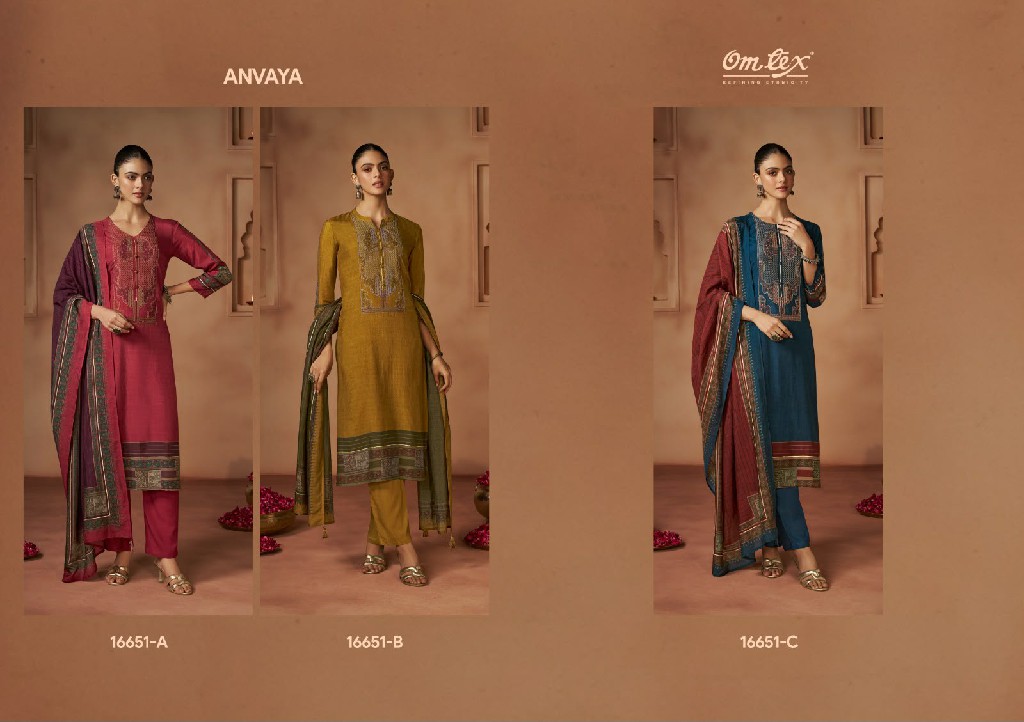 OMTEX ANVAYA WHOLESALE RADIANT SILK BEAUTIFUL WORK UNSTITCH SALWAR SUITS EXPORTER