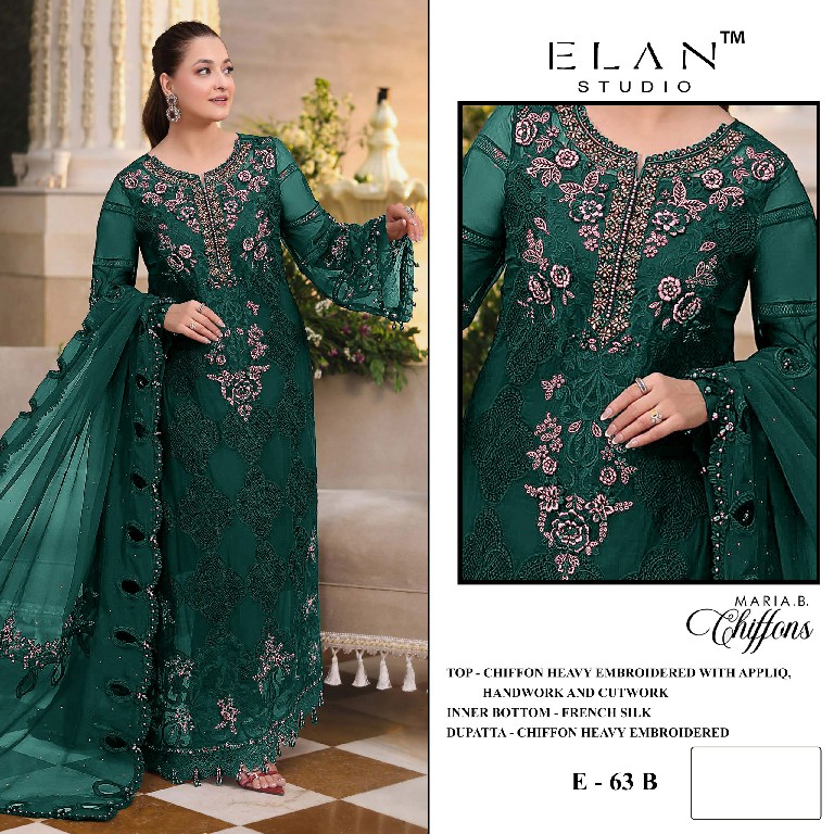 ELAN STUDIO D.NO E-63 WHOLESALE CHIFFON HEAVY WORK PAKISTANI UNSTITCH SALWAR KAMEEZ FOR EXPORT