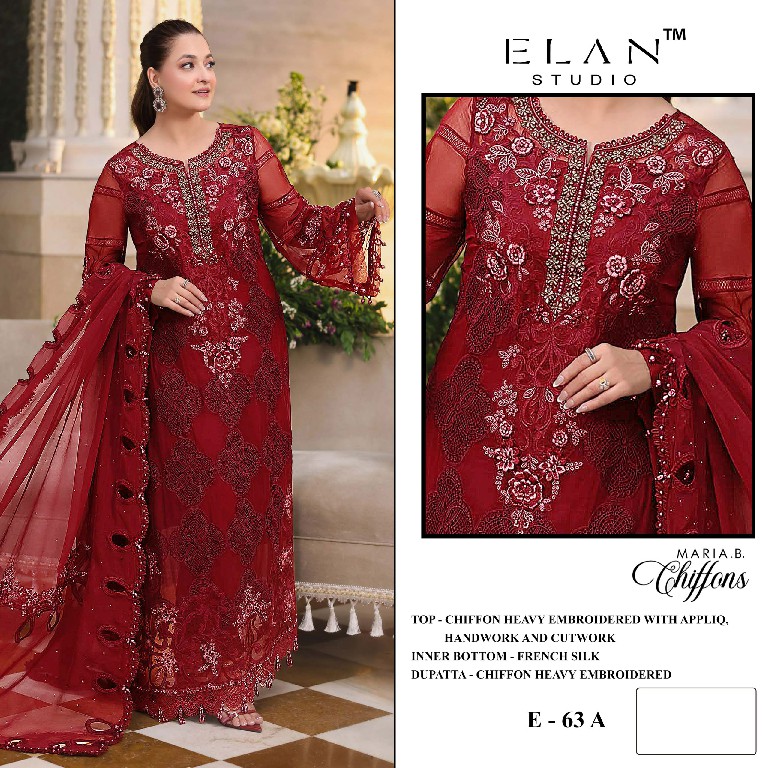 ELAN STUDIO D.NO E-63 WHOLESALE CHIFFON HEAVY WORK PAKISTANI UNSTITCH SALWAR KAMEEZ FOR EXPORT