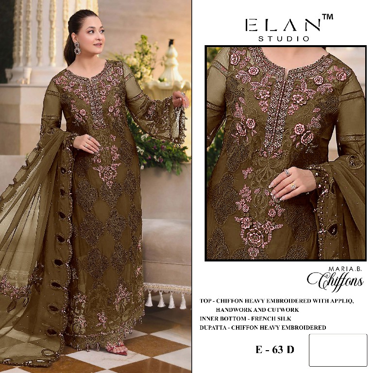 ELAN STUDIO D.NO E-63 WHOLESALE CHIFFON HEAVY WORK PAKISTANI UNSTITCH SALWAR KAMEEZ FOR EXPORT