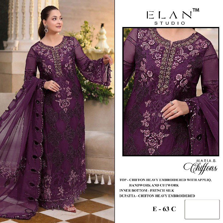 ELAN STUDIO D.NO E-63 WHOLESALE CHIFFON HEAVY WORK PAKISTANI UNSTITCH SALWAR KAMEEZ FOR EXPORT