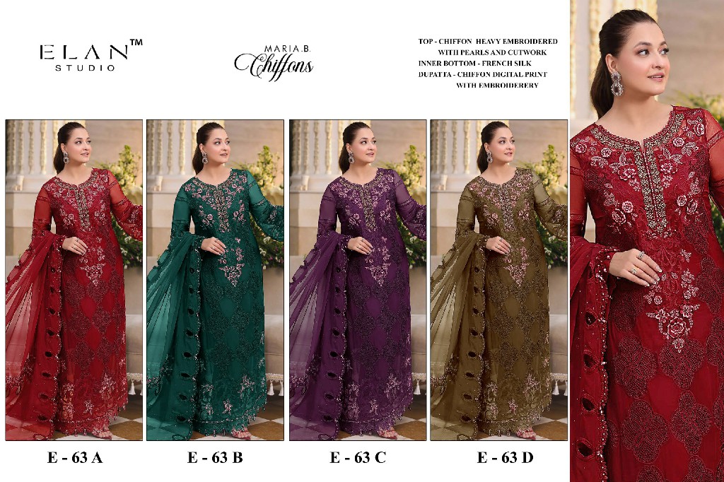 ELAN STUDIO D.NO E-63 WHOLESALE CHIFFON HEAVY WORK PAKISTANI UNSTITCH SALWAR KAMEEZ FOR EXPORT