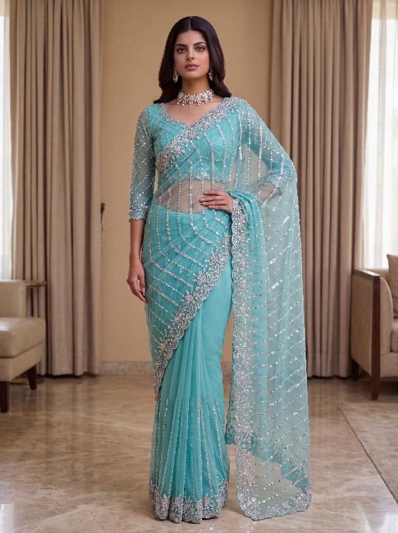 DVD D.NO 5191 COLOR WHOLESALE NET DESIGNER HAND WORK SAREES FOR WOMEN EXPORTER
