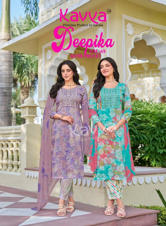 KAVYA DEEPIKA VOL 69 WHOLESALE READYMADE CAPSULE ELEGANT EMBROIDERY NECK WORK 3 PCS SUITS FOR EXPORT