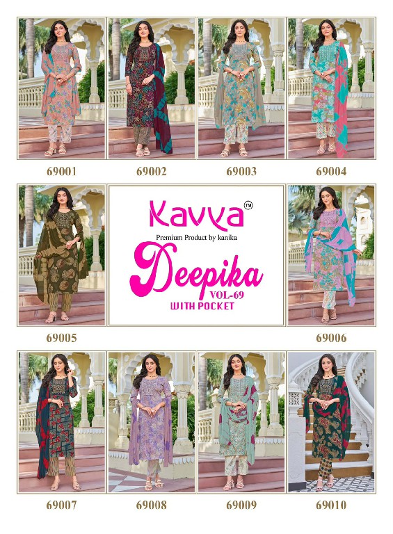 KAVYA DEEPIKA VOL 69 WHOLESALE READYMADE CAPSULE ELEGANT EMBROIDERY NECK WORK 3 PCS SUITS FOR EXPORT