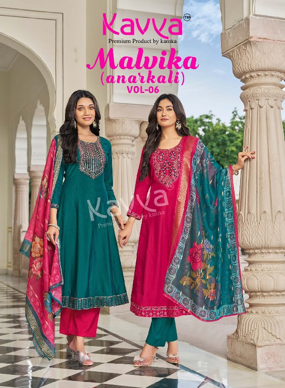 KAVYA MALVIKA VOL 6 WHOLESALE READYMADE ROMAN SILK ANARKALI STYLE LATEST FASHION 3 PCS SUITS SUPPLIER