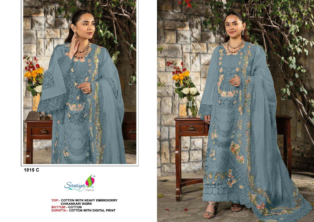 SANIYA TRENDZ D.NO 1015 WHOLESALE COTTON CHIKANKARI EMBROIDERED UNSTITCH SALWAR SUITS FOR EXPORT