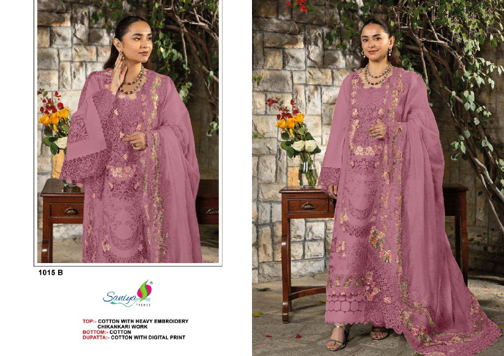 SANIYA TRENDZ D.NO 1015 WHOLESALE COTTON CHIKANKARI EMBROIDERED UNSTITCH SALWAR SUITS FOR EXPORT