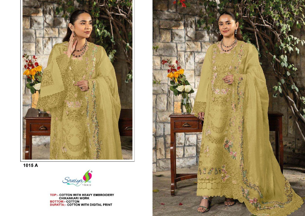 SANIYA TRENDZ D.NO 1015 WHOLESALE COTTON CHIKANKARI EMBROIDERED UNSTITCH SALWAR SUITS FOR EXPORT