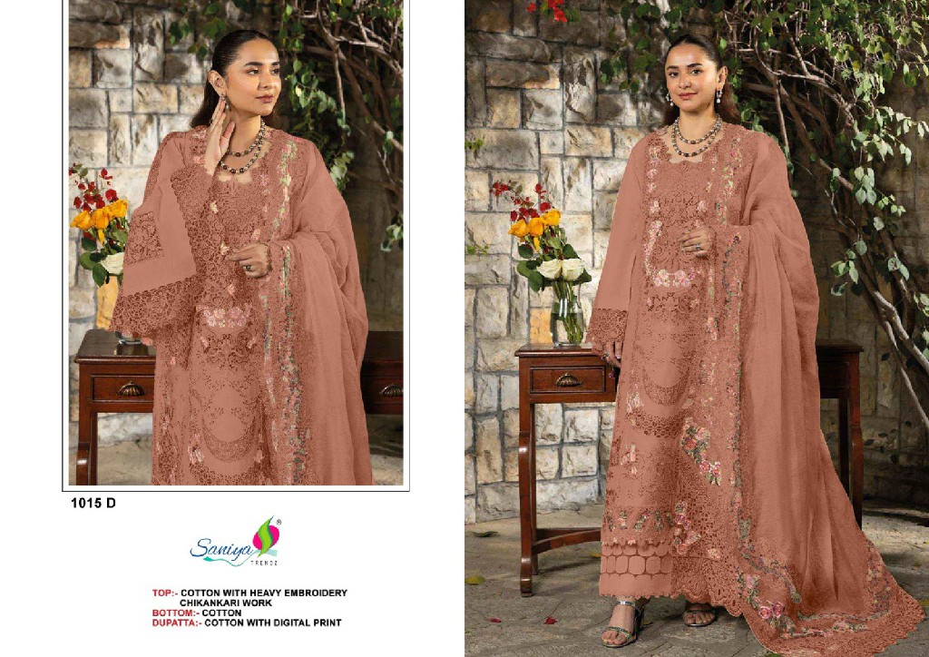 SANIYA TRENDZ D.NO 1015 WHOLESALE COTTON CHIKANKARI EMBROIDERED UNSTITCH SALWAR SUITS FOR EXPORT