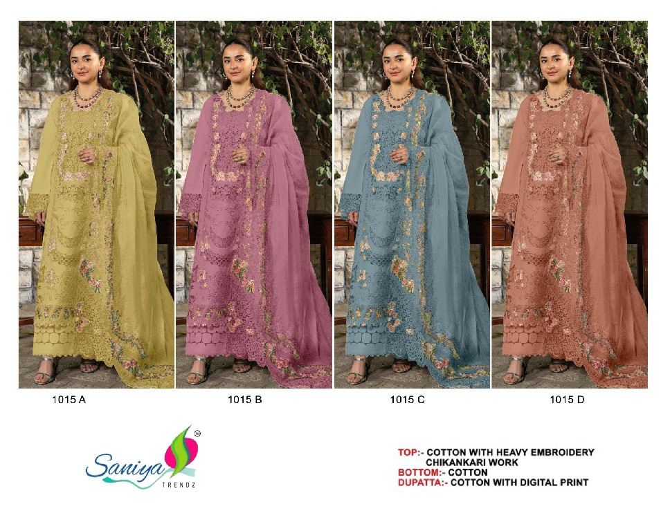 SANIYA TRENDZ D.NO 1015 WHOLESALE COTTON CHIKANKARI EMBROIDERED UNSTITCH SALWAR SUITS FOR EXPORT