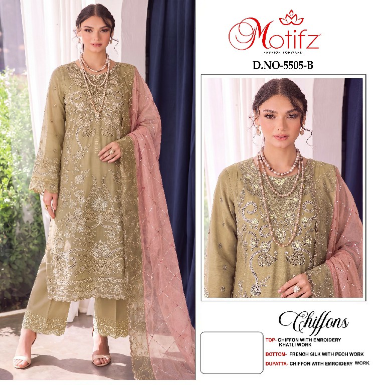 MOTIFZ D.NO 5505 WHOLESALE CHIFFON ATTRACTIVE PAKISTANI UNSTITCH SALWAR SUITS SUPPLIER