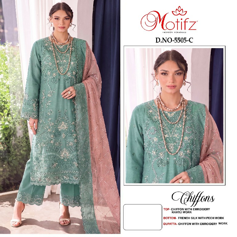 MOTIFZ D.NO 5505 WHOLESALE CHIFFON ATTRACTIVE PAKISTANI UNSTITCH SALWAR SUITS SUPPLIER