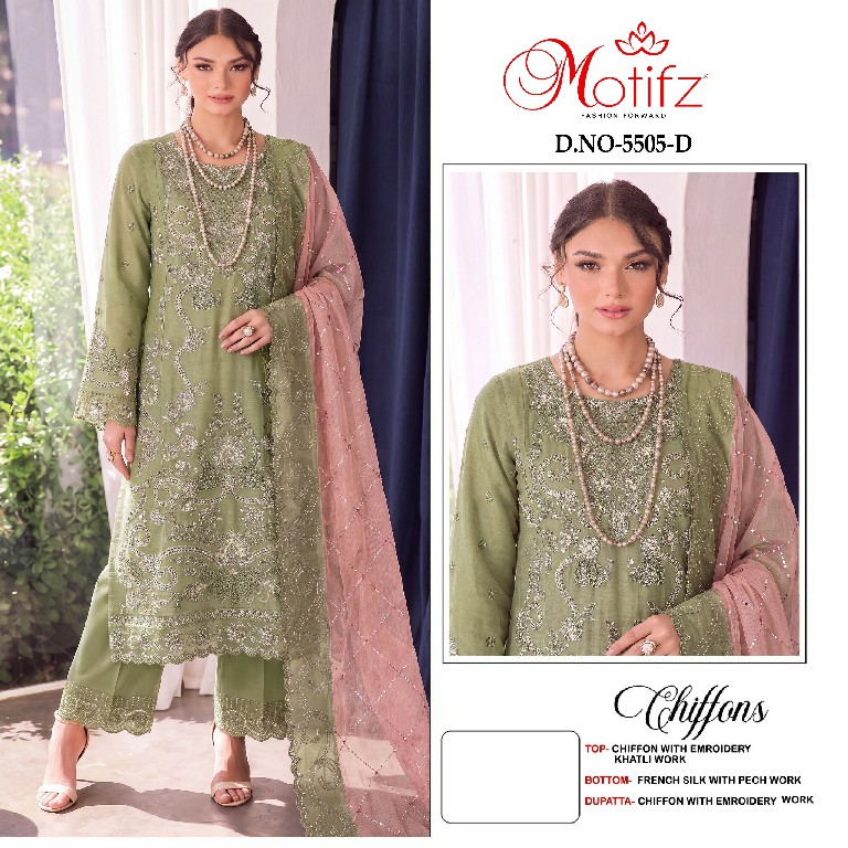 MOTIFZ D.NO 5505 WHOLESALE CHIFFON ATTRACTIVE PAKISTANI UNSTITCH SALWAR SUITS SUPPLIER