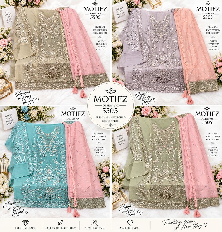 MOTIFZ D.NO 5505 WHOLESALE CHIFFON ATTRACTIVE PAKISTANI UNSTITCH SALWAR SUITS SUPPLIER