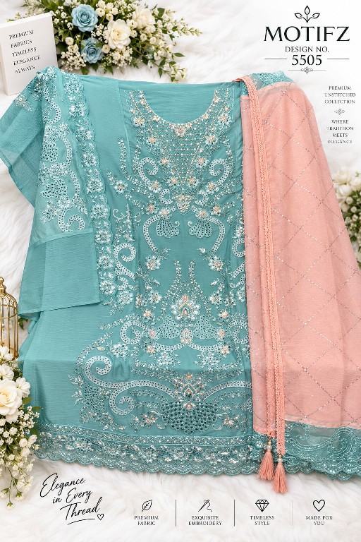 MOTIFZ D.NO 5505 WHOLESALE CHIFFON ATTRACTIVE PAKISTANI UNSTITCH SALWAR SUITS SUPPLIER