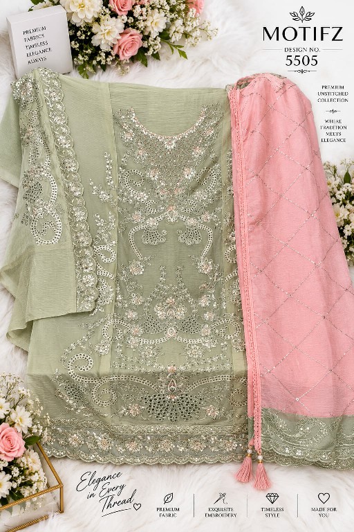 MOTIFZ D.NO 5505 WHOLESALE CHIFFON ATTRACTIVE PAKISTANI UNSTITCH SALWAR SUITS SUPPLIER