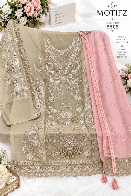 MOTIFZ D.NO 5505 WHOLESALE CHIFFON ATTRACTIVE PAKISTANI UNSTITCH SALWAR SUITS SUPPLIER