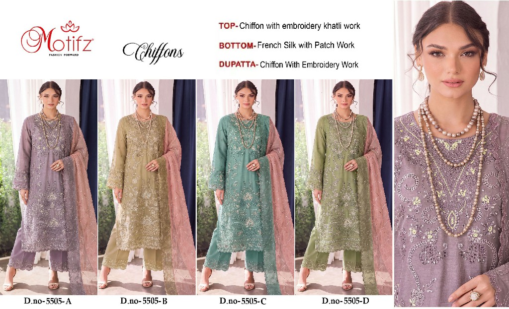 MOTIFZ D.NO 5505 WHOLESALE CHIFFON ATTRACTIVE PAKISTANI UNSTITCH SALWAR SUITS SUPPLIER