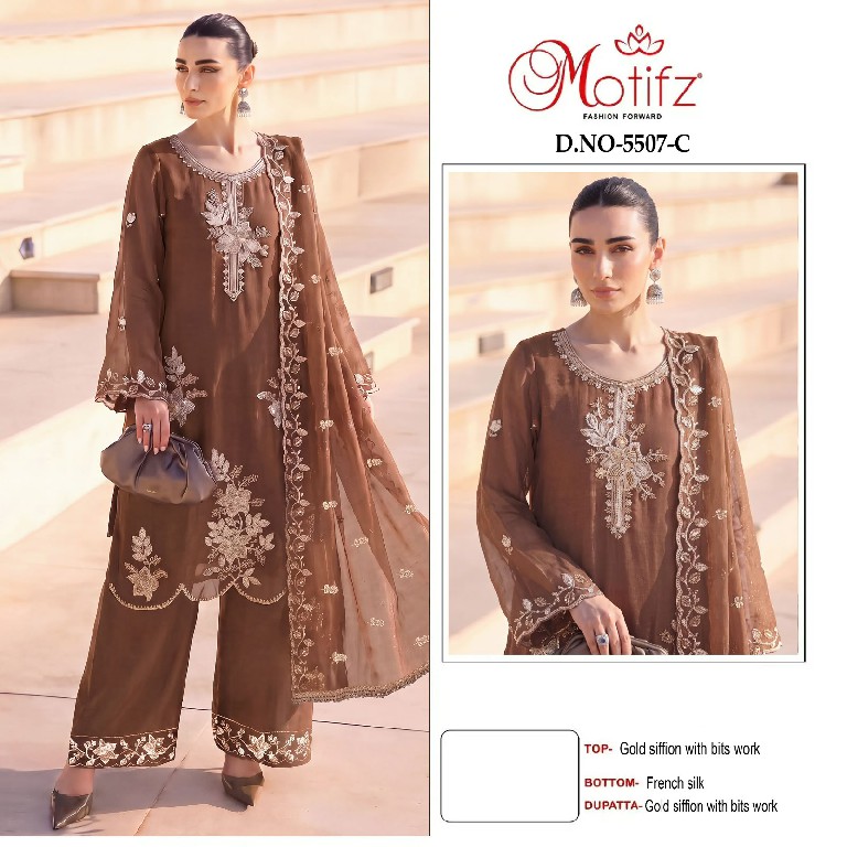 MOTIFZ D.NO 5507 WHOLESALE GOLD CHIFFON BEATS WORK PAKISTANI UNSTITCH SALWAR SUITS EXPORTER
