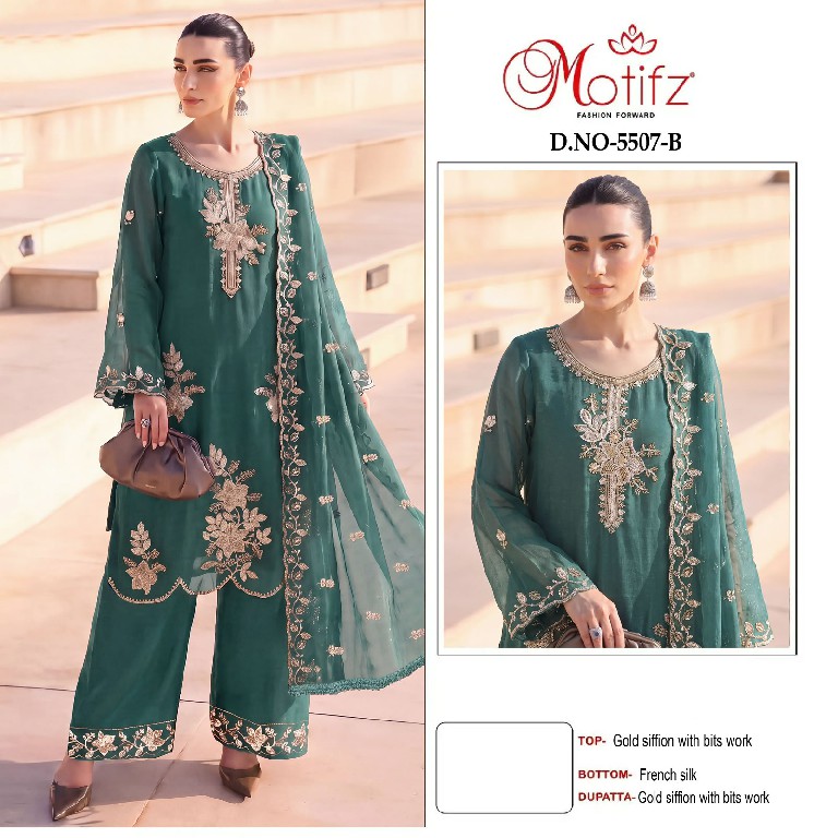 MOTIFZ D.NO 5507 WHOLESALE GOLD CHIFFON BEATS WORK PAKISTANI UNSTITCH SALWAR SUITS EXPORTER