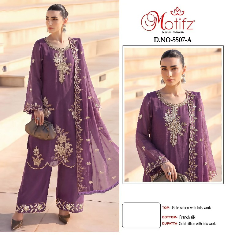 MOTIFZ D.NO 5507 WHOLESALE GOLD CHIFFON BEATS WORK PAKISTANI UNSTITCH SALWAR SUITS EXPORTER