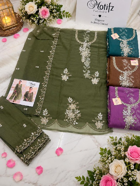 MOTIFZ D.NO 5507 WHOLESALE GOLD CHIFFON BEATS WORK PAKISTANI UNSTITCH SALWAR SUITS EXPORTER