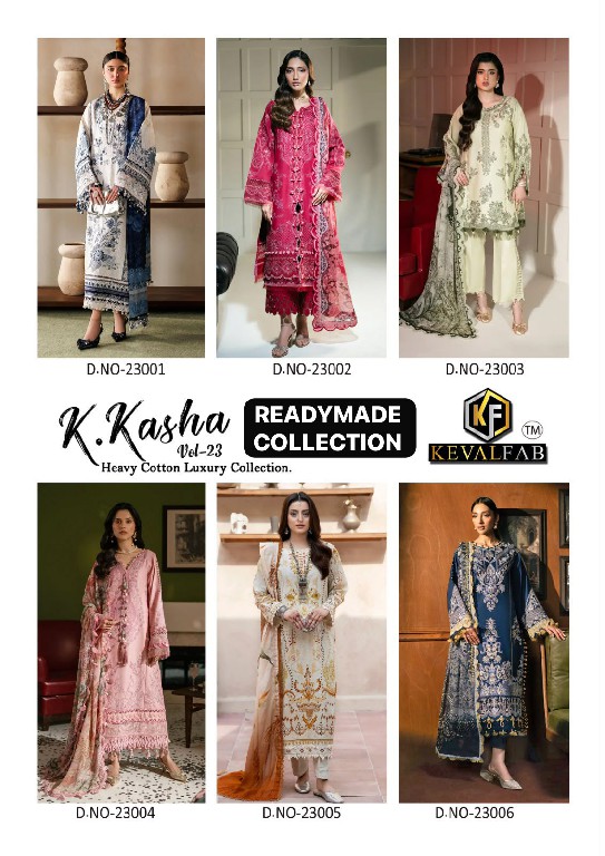 KEVAL FAB K KASHA VOL 23 WHOLESALE READYMADE COTTON PRINTED KARACHI STYLE 3 PCS SUITS SUPPLIER