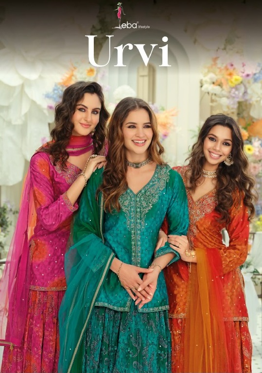 EBA LIFESTYLE URVI WHOLESALE READYMADE HEAVY CHINON WITH WORK FESTIVE WEAR 3 PCS SUITS EXPORTER