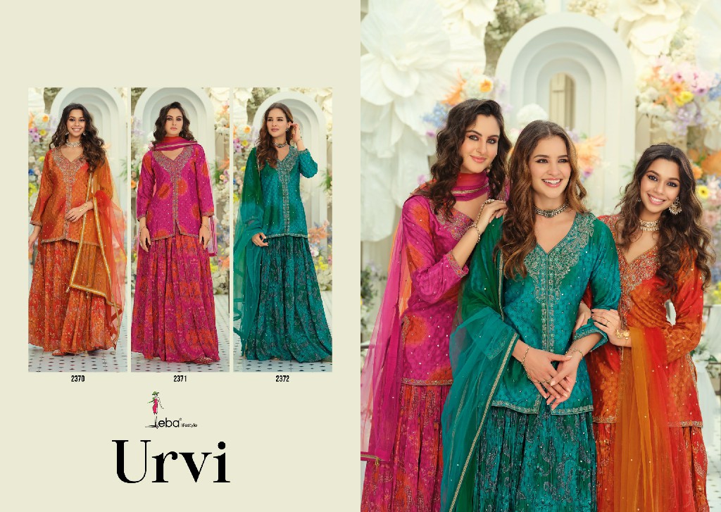 EBA LIFESTYLE URVI WHOLESALE READYMADE HEAVY CHINON WITH WORK FESTIVE WEAR 3 PCS SUITS EXPORTER