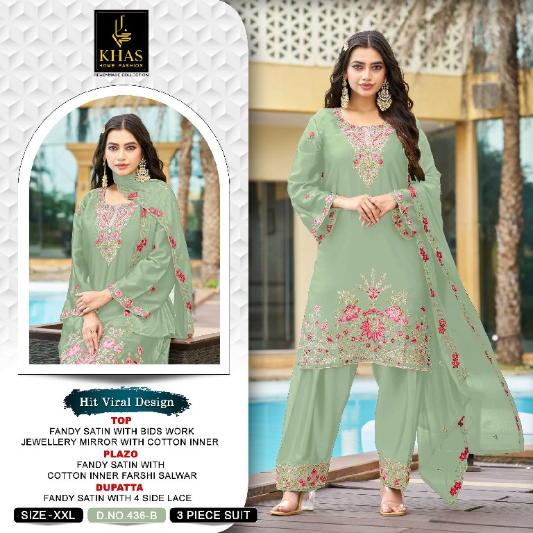 KHAS D.NO 436 WHOLESALE READYMADE ARMANI SATIN BEAUTIFUL WORK 3 PCS SUITS SUPPLIER