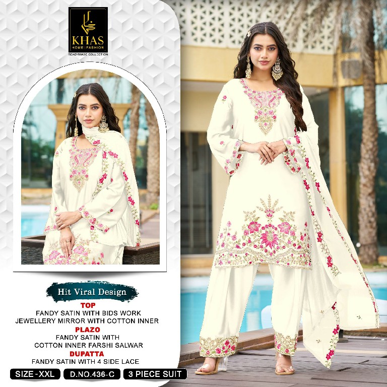 KHAS D.NO 436 WHOLESALE READYMADE ARMANI SATIN BEAUTIFUL WORK 3 PCS SUITS SUPPLIER