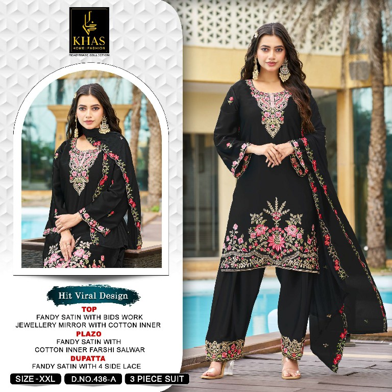 KHAS D.NO 436 WHOLESALE READYMADE ARMANI SATIN BEAUTIFUL WORK 3 PCS SUITS SUPPLIER