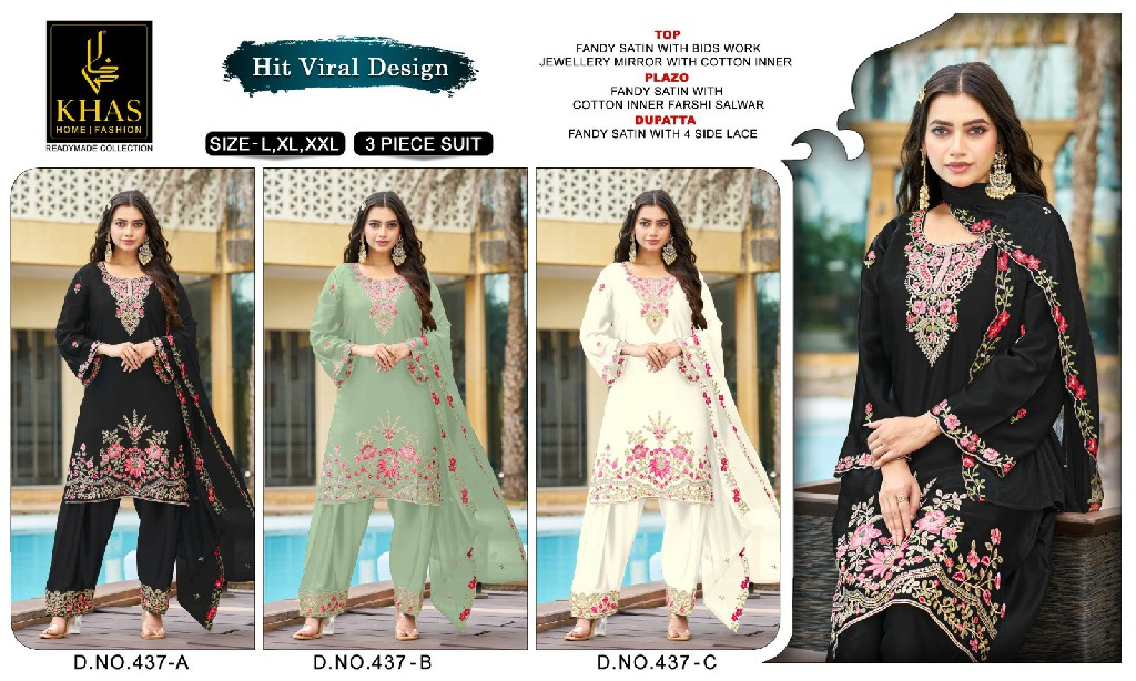 KHAS D.NO 436 WHOLESALE READYMADE ARMANI SATIN BEAUTIFUL WORK 3 PCS SUITS SUPPLIER