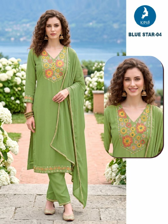 KAYA BLUE STAR WHOLESALE READYMADE MULL CHANDERI BIG SIZE ELEGANCE 3 PCS COMBO SET SUITS SUPPLIER