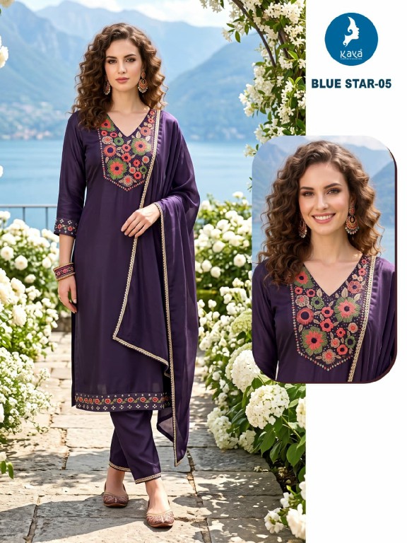 KAYA BLUE STAR WHOLESALE READYMADE MULL CHANDERI BIG SIZE ELEGANCE 3 PCS COMBO SET SUITS SUPPLIER