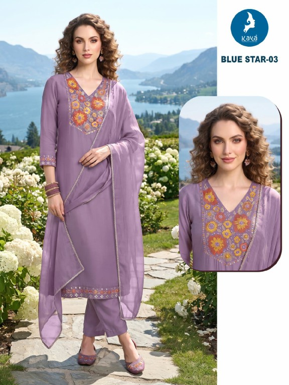 KAYA BLUE STAR WHOLESALE READYMADE MULL CHANDERI BIG SIZE ELEGANCE 3 PCS COMBO SET SUITS SUPPLIER