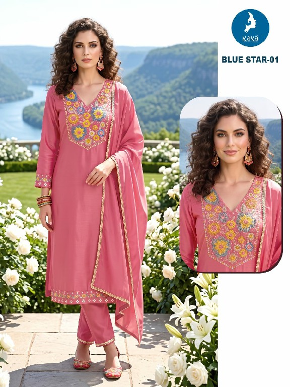 KAYA BLUE STAR WHOLESALE READYMADE MULL CHANDERI BIG SIZE ELEGANCE 3 PCS COMBO SET SUITS SUPPLIER