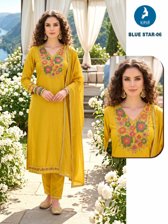 KAYA BLUE STAR WHOLESALE READYMADE MULL CHANDERI BIG SIZE ELEGANCE 3 PCS COMBO SET SUITS SUPPLIER