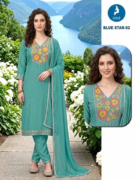 KAYA BLUE STAR WHOLESALE READYMADE MULL CHANDERI BIG SIZE ELEGANCE 3 PCS COMBO SET SUITS SUPPLIER