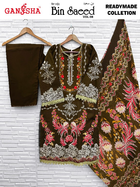 GANESHA BIN SAEED VOL 8 WHOLESALE READYMADE COTTON PRINTED KARACHI STYLE 3 PCS SUITS EXPORTER