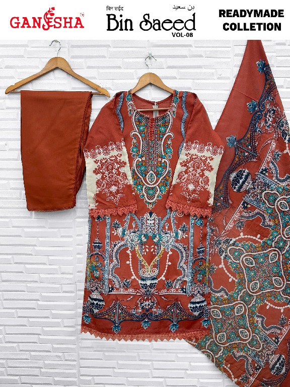 GANESHA BIN SAEED VOL 8 WHOLESALE READYMADE COTTON PRINTED KARACHI STYLE 3 PCS SUITS EXPORTER