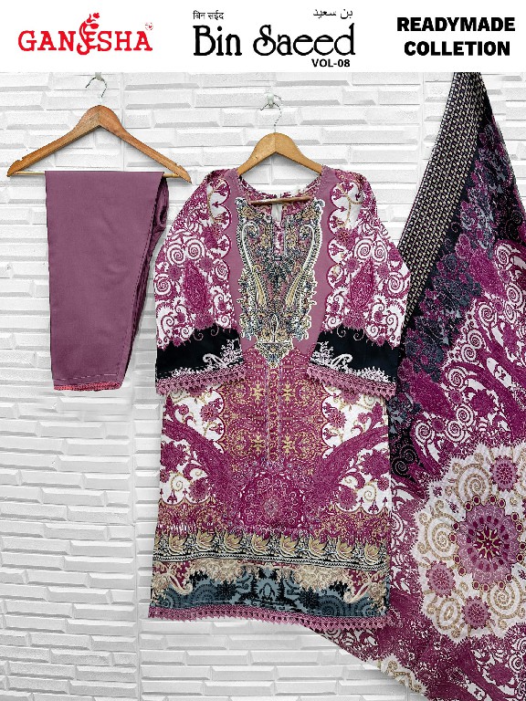 GANESHA BIN SAEED VOL 8 WHOLESALE READYMADE COTTON PRINTED KARACHI STYLE 3 PCS SUITS EXPORTER