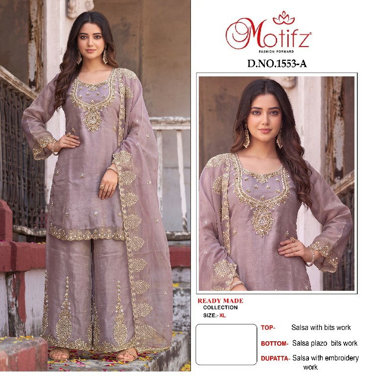 MOTIFZ D.NO 1553 WHOLESALE READYMADE SALSA WITH BEATS WORK PAKISTANI PLAZO STYLE 3 PCS SUITS SUPPLIER
