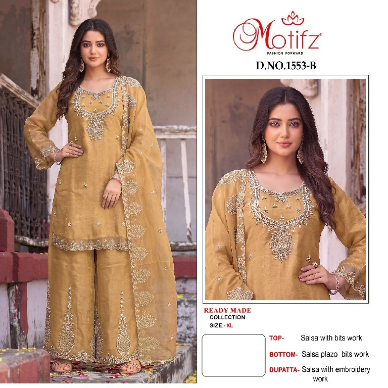 MOTIFZ D.NO 1553 WHOLESALE READYMADE SALSA WITH BEATS WORK PAKISTANI PLAZO STYLE 3 PCS SUITS SUPPLIER